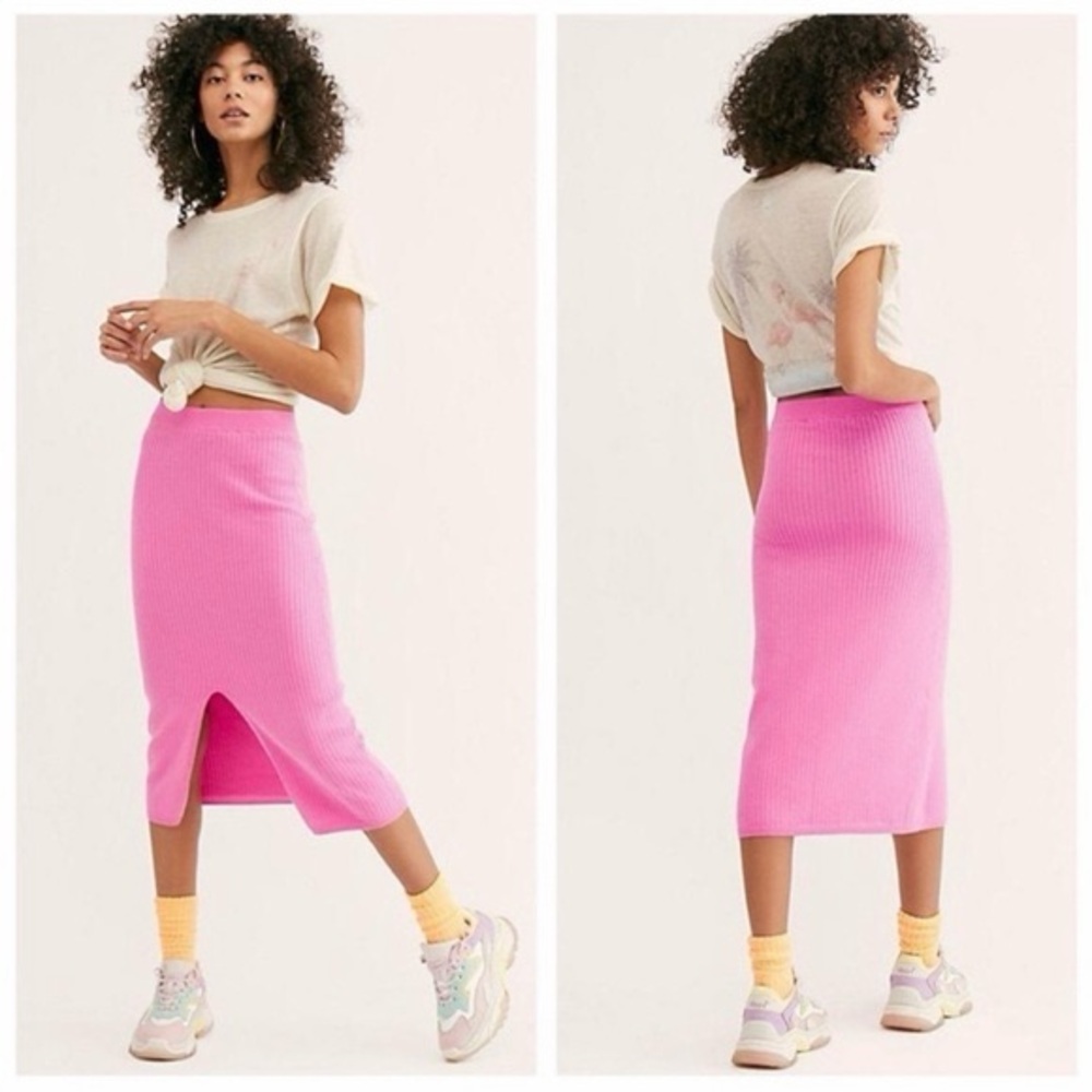 Free People Pink Ribbed Knit Midi Skirt Size XS